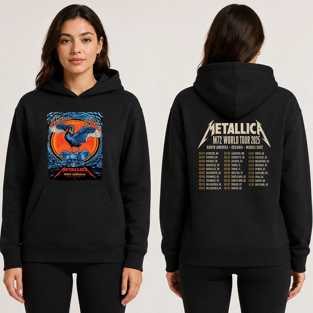 Metallica M72 World Tour November 1 2025 Optus Stadium Perth Australia 2 side T-shirt by Ben Brown featuring a crowned black swan with spread wings, skull pile, flames, twisted tree branches and M72 tour back print.
